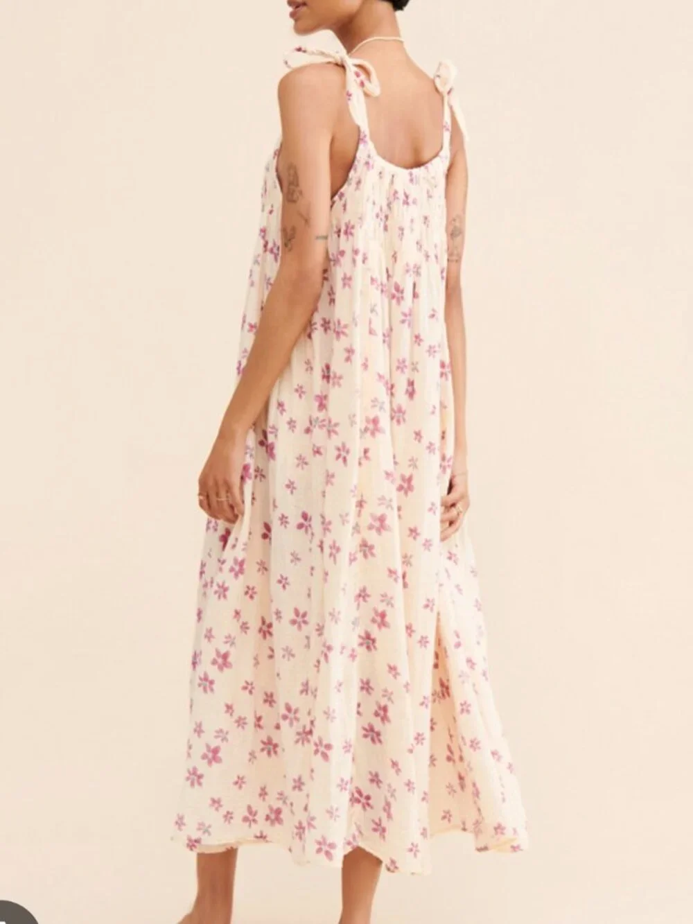 Free People Azure Midi Dress Floral Smocked Cotton Tie Strap Boho Sundress M - Picture 6 of 14